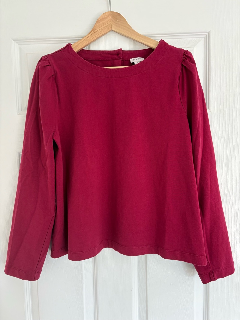 J. Crew Puff-Sleeve Button-Back Berry Pink Long Sleeve Crewneck Top Size M
